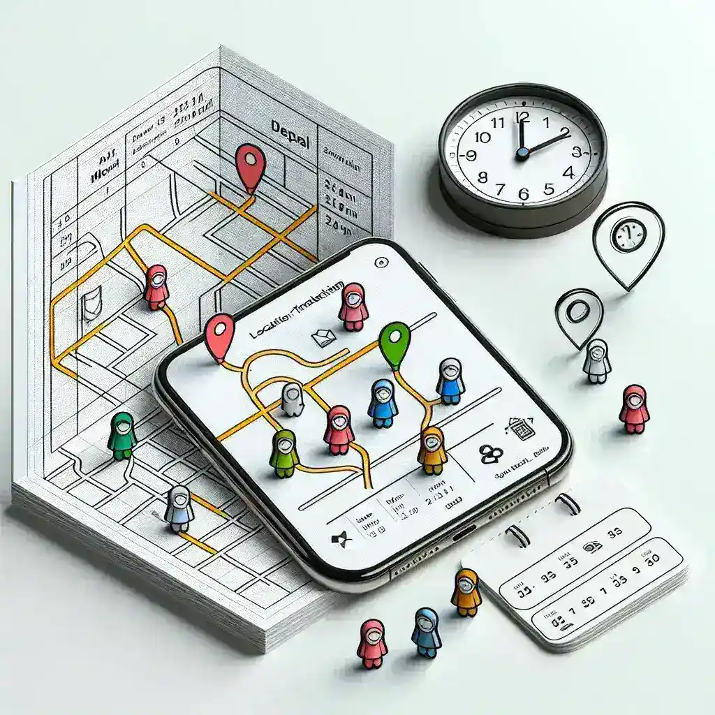 "Aplicación de seguimiento de la ubicación de niños con recordatorio de horario de oración, mostrando interfaz de usuario con mapa y alertas programadas"