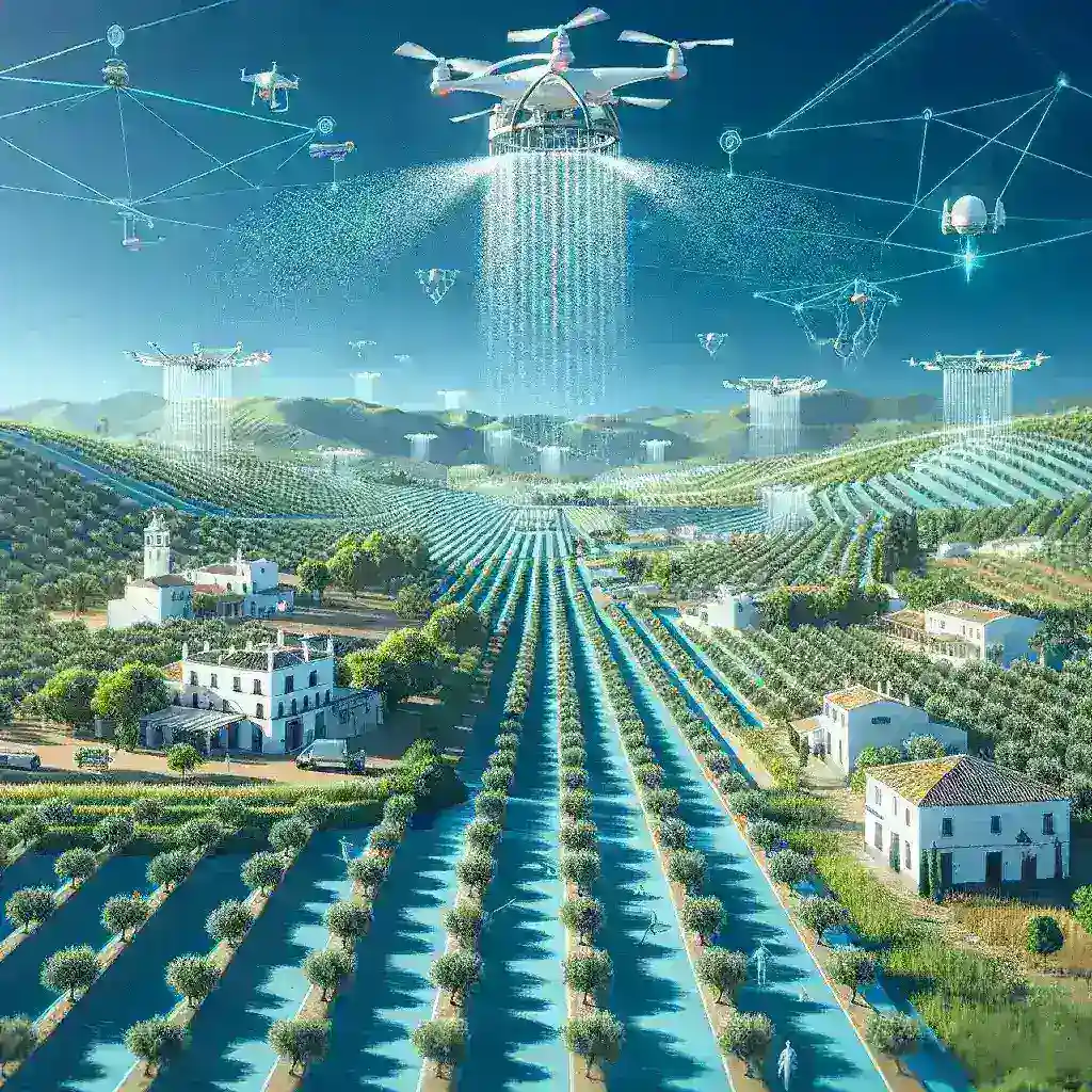 "Smart irrigation system powered by AI in Andalucía agriculture, showcasing advanced technology for efficient water management."