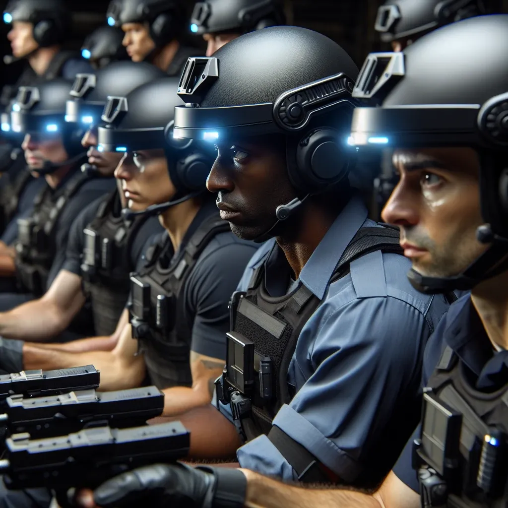 "Policía Nacional utilizando cascos de realidad aumentada durante una sesión de entrenamiento, mejorando habilidades tácticas y operativas en un entorno simulado."