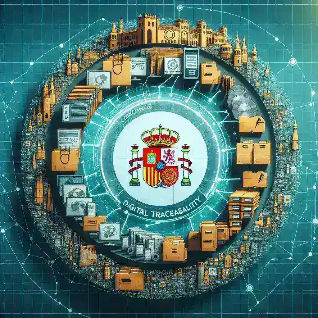 "Imagen de empresarios españoles colaborando en un proyecto de economía circular, mostrando tecnologías de trazabilidad digital en sus productos sostenibles."